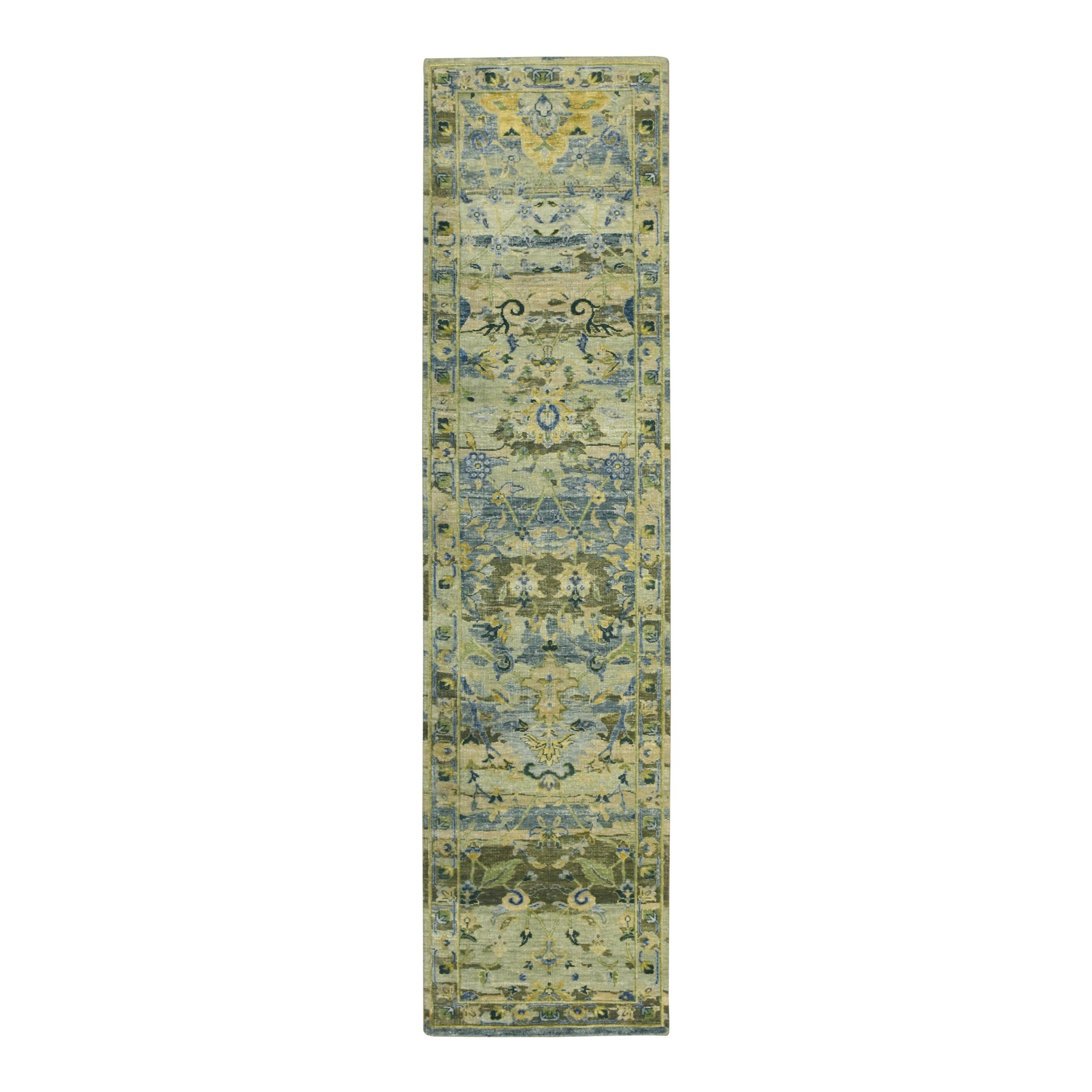 2'7"x10'6" Shades of Green, Pure Wool, Broken and Erased Persian Inspired with Birds Design, Distinct Abrash, Shaved Low, Hand Knotted, Runner, Oriental Rug 